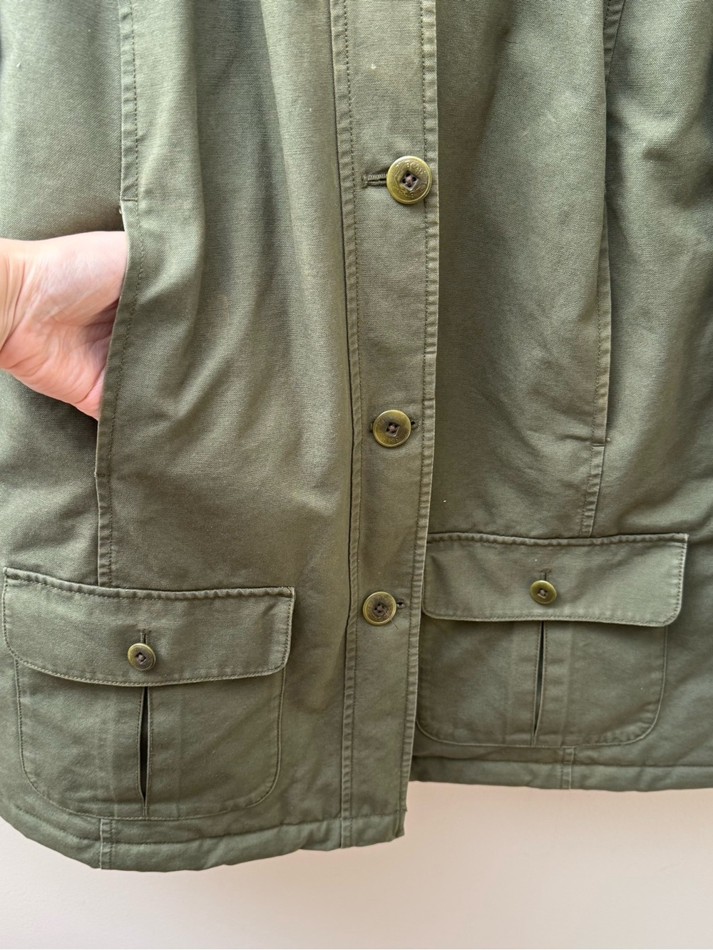 L.L. Bean Olive Green Barn Jacket with Brown Corduroy Collar - Picture 4 of 10